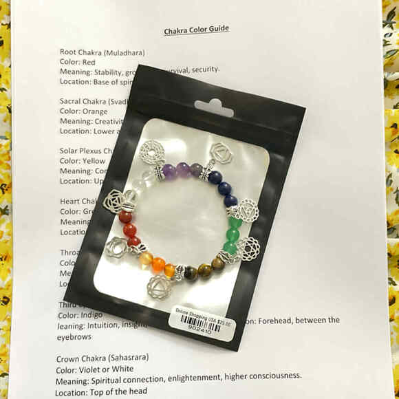 NEW Women's 7 Chakra Beaded Charm Bracelet With Printed Rainbow Chakra Guide - Picture 4 of 8